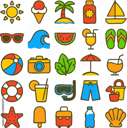 A vibrant collection of colorful flatstyle summer vacation and beachthemed icons arranged in a grid.