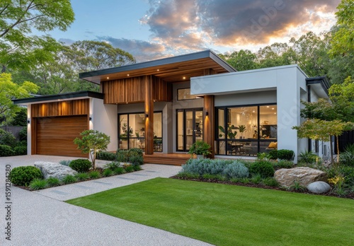 Modern house exterior design with dark brown wood cladding and smooth white walls, front view of the modern single-story two-bedroom home in Australia at night