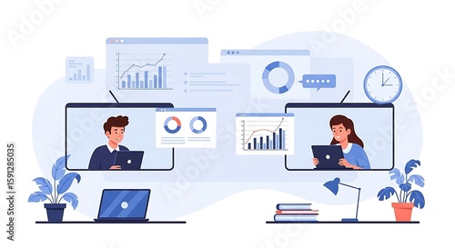 Digital Collaboration Business Professionals in Online Meeting with Data Charts, Remote Work, and Virtual Communication.