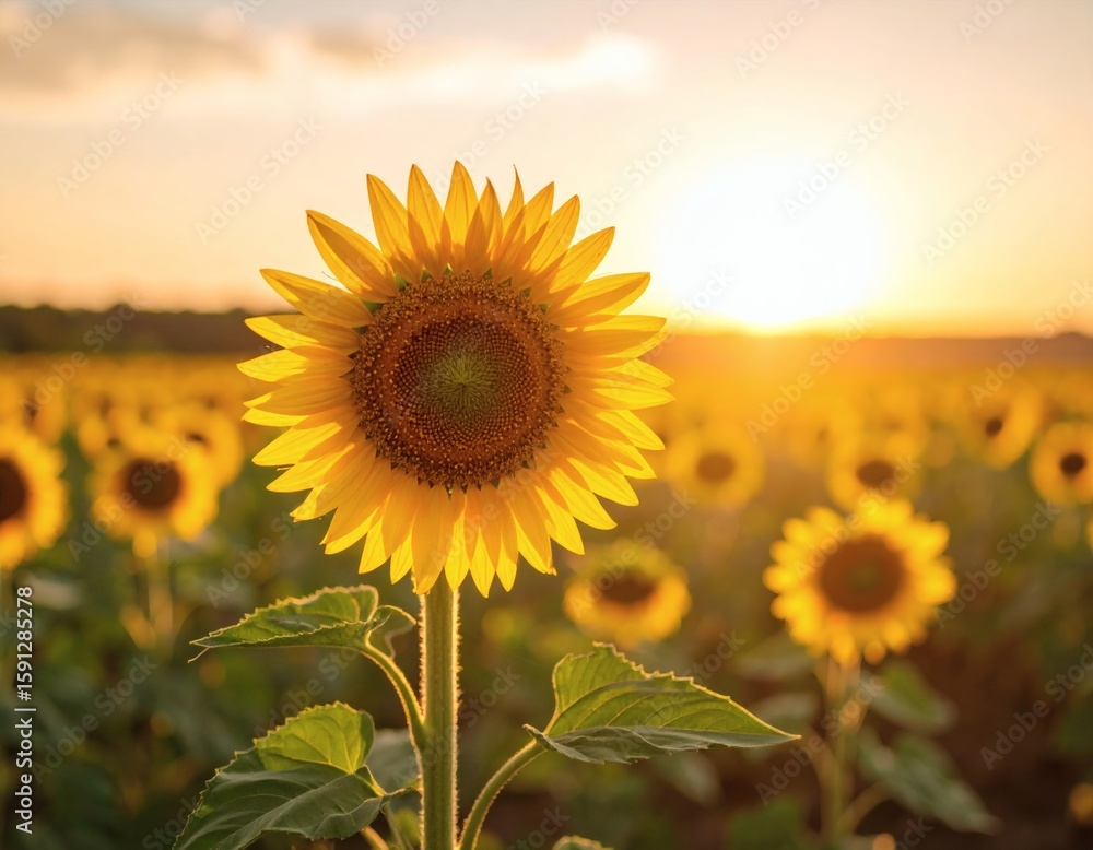 Obraz premium Bright yellow sunflower in full bloom under sunlight, close-up view with green leaves and blue sky background — ideal for summer, nature, and botanical theme 
