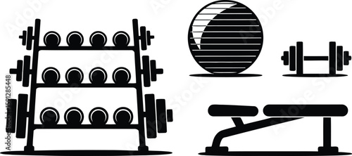 Gym equipment set with dumbbells exercise ball and weight bench