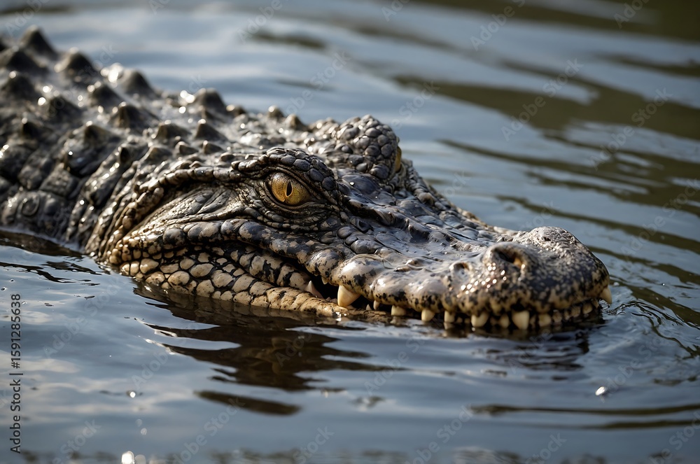 A close up of a crocodile's head partially submerged in water with its eye and teeth visible clearly A close up of a crocodile's head partially submerged in water with its eye and teeth visible clearly