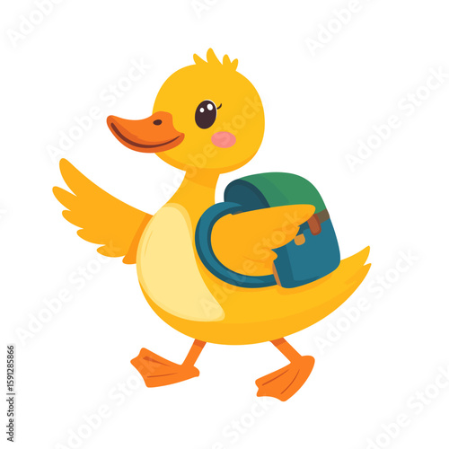 Adorable yellow duckling student walking happily with a school backpack.