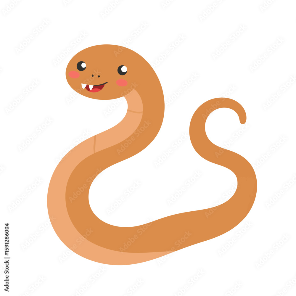 Fototapeta premium Cute brown cartoon snake with a happy smile, rosy cheeks, and tiny fangs.
