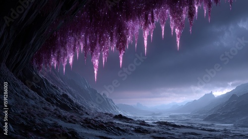 Ethereal purple crystal formations hang above a misty mountainous landscape