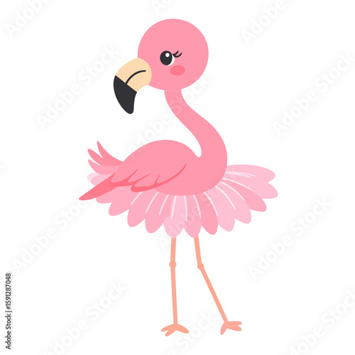 Cute pink flamingo ballerina character wearing a fluffy tutu. Adorable cartoon bird with a sweet expression and long legs.