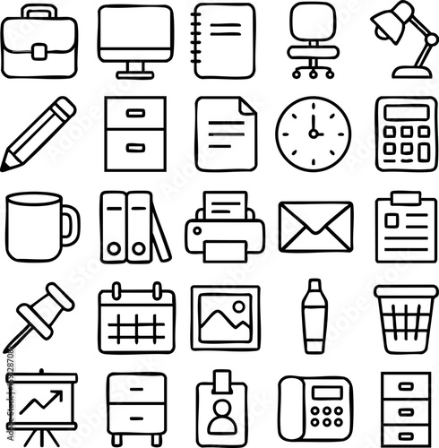 Grid of 25 handdrawn office and business equipment icons in a simple black outline style.