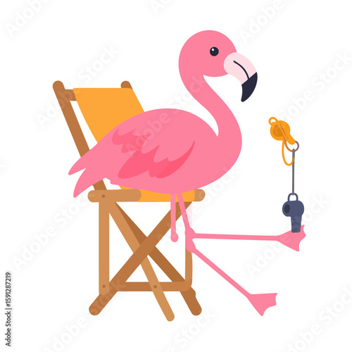 Cartoon pink flamingo lifeguard sitting on a director's chair holding two whistles.