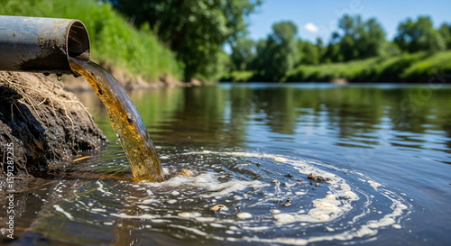 Wallpaper Mural Pipe discharging brown, dirty liquid into a river. Environmental pollution concept. Use for ecological issue and water contamination. Torontodigital.ca