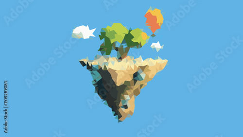 Floating island with tree and sun clouds blue sky