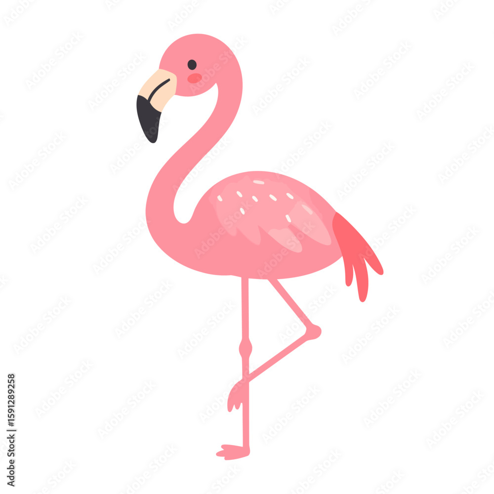 Obraz premium Adorable pink flamingo character in a classic one-legged pose, with a curved neck and cute expression.
