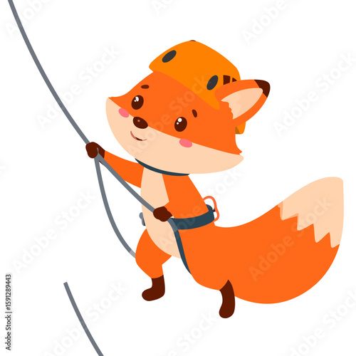 Happy cartoon fox in an orange helmet and blue harness climbing a grey rope.