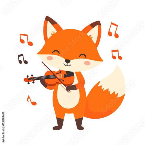 Adorable cartoon fox with a happy smile playing a brown violin, surrounded by musical notes.