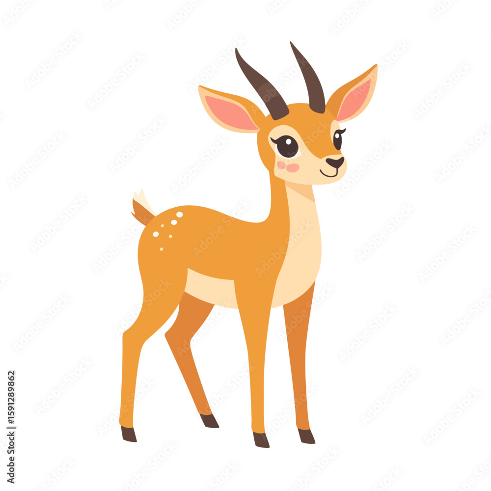 Fototapeta premium Charming cartoon antelope with large expressive eyes, blush cheeks, and white spots on its rump.