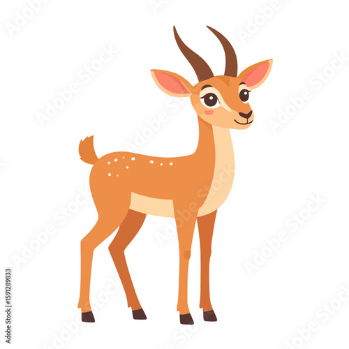 Adorable cartoon gazelle with big eyes, a gentle smile, and spotted light brown fur.