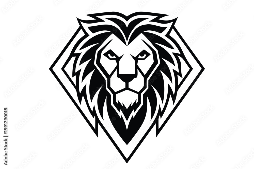 Fototapeta premium Detailed black and white lion head is inside a geometric diamond shape