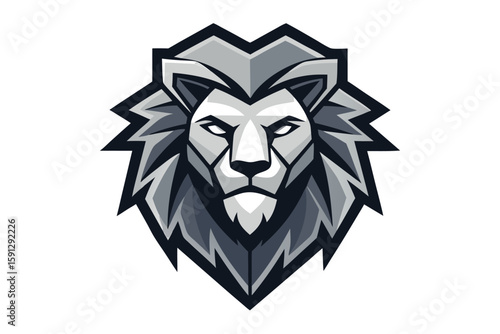 A striking grey lion head looks forward with a fierce, intimidating glare