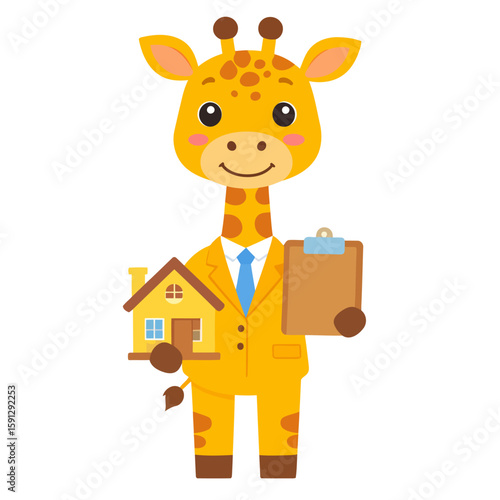 A cute cartoon giraffe realtor in a yellow suit holding a house model and a clipboard.
