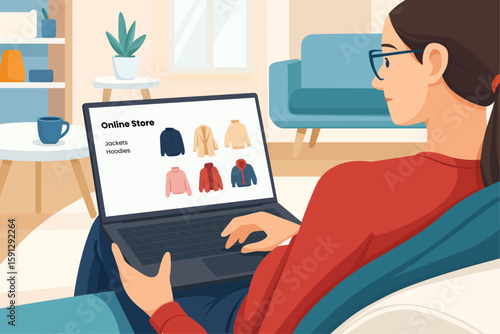 young woman home using laptop computer browsing through online retail shopping site couch cozy living room over the shoulder camera shot illustration clipart
