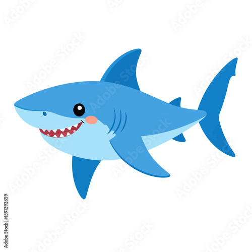 Friendly blue cartoon shark with a wide, toothy smile and rosy cheeks. A cute aquatic animal character illustrated in a simple, flat style.
