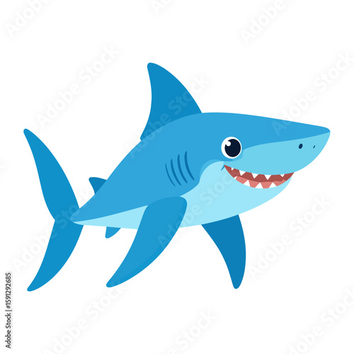 A cheerful blue cartoon shark with a wide toothy grin and prominent fins.