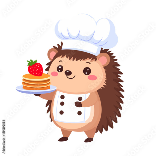 Adorable hedgehog chef in a white uniform holding a plate of pancakes with a fresh strawberry.