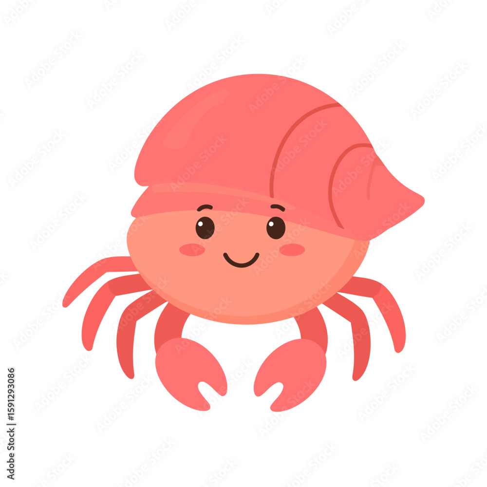 Fototapeta premium Charming pink hermit crab cartoon with a smiling face and a large seashell.