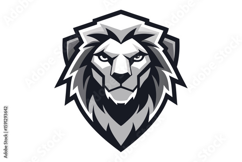 Monochrome lion head framed within a sharp shield, presenting an iconic bold style