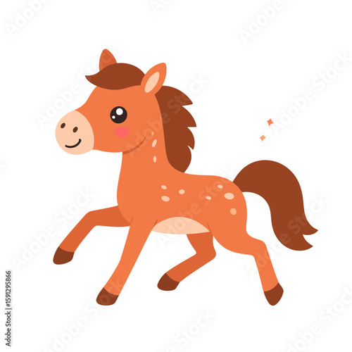 Adorable cartoon horse with spots and a brown mane in a joyful trotting pose.