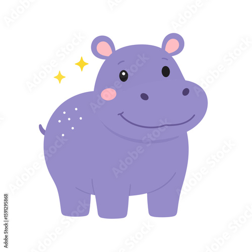 Adorable smiling purple hippopotamus with white spots and yellow sparkles.