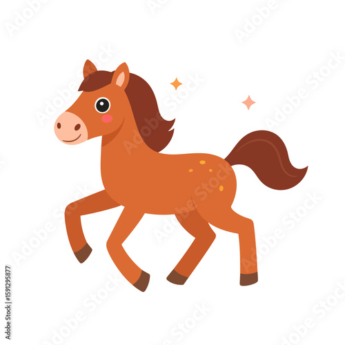 Cute cartoon horse character, a smiling brown pony with spots, trotting playfully.