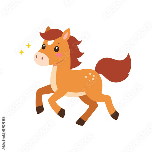 Charming cartoon horse with a brown mane and spots, trotting happily with sparkles.