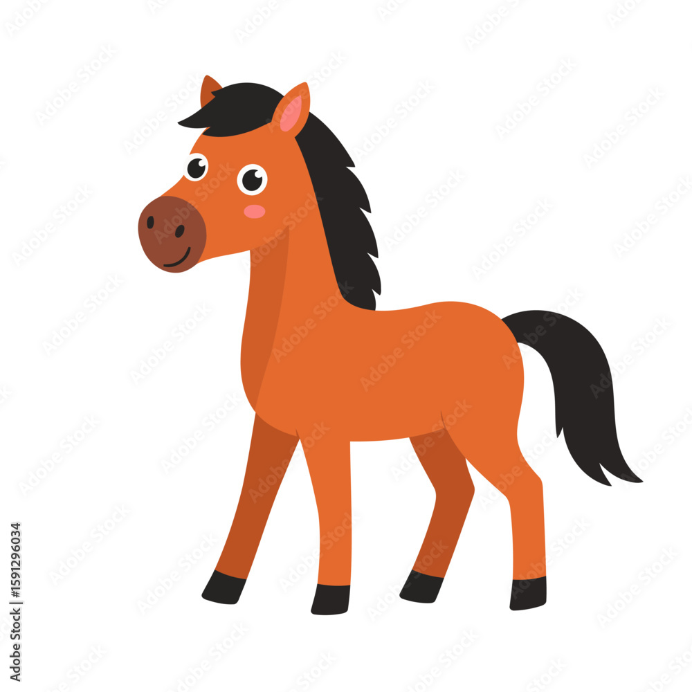 Cute brown cartoon horse with a black mane and tail, standing with a friendly smile. Cute brown cartoon horse with a black mane and tail, standing with a friendly smile.