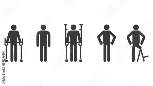 Disability Icons Illustrate Mobility Assistance with Walking Aids and Support Devices for Individuals with Physical Impairments or Rehabilitation Needs