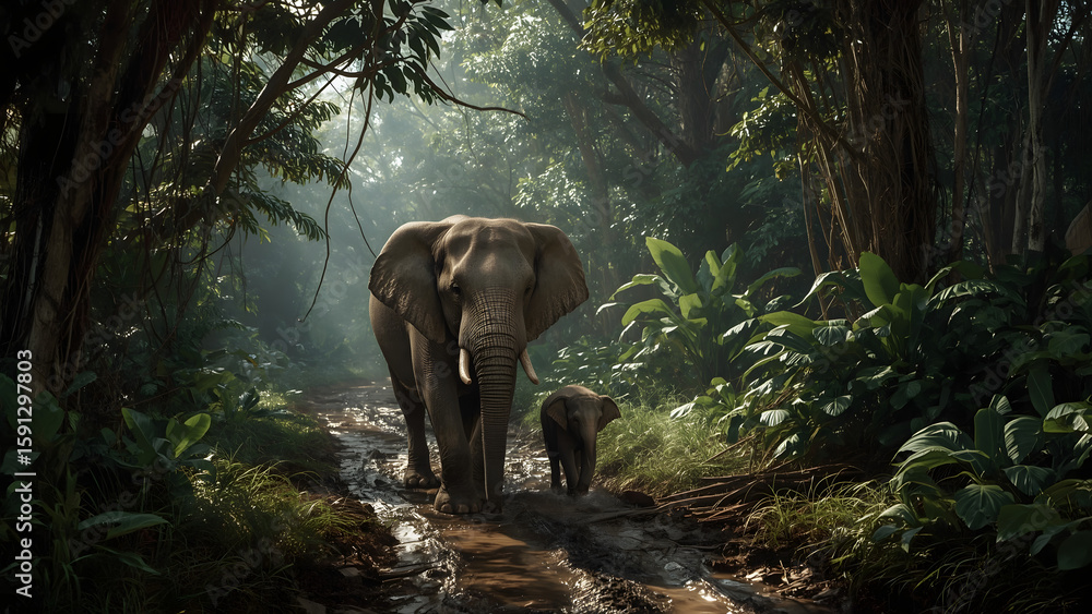 Fototapeta premium An elephant and its calf walking along a muddy path through a lush, green jungle.