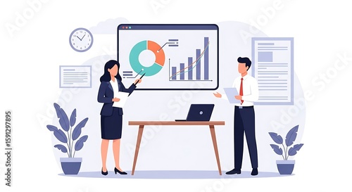 Business analysis presentation Woman pointing to chart with man analyzing data