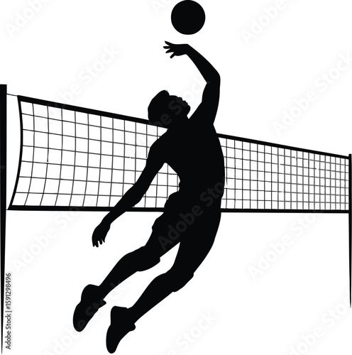 Silhouette of a volleyball player spiking the ball over the net on a white background illustration