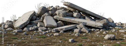 Pile of broken concrete slabs and rocks with rebar on grassy ground isolate