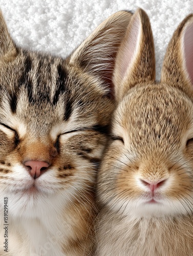 Adorable cat and rabbit duo resting peacefully together.