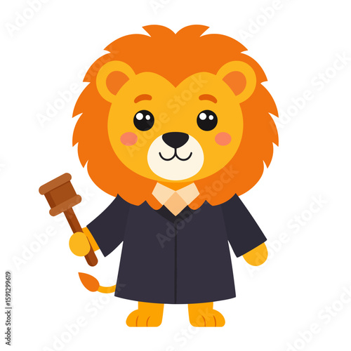 Cute cartoon lion judge in a black robe holding a wooden gavel.