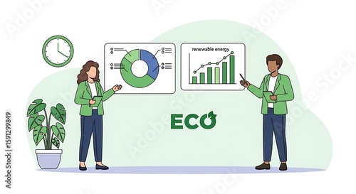 Eco-Friendly Business Presentation Sustainable Growth Analysis and Green Initiatives Illustration with Two Presenters