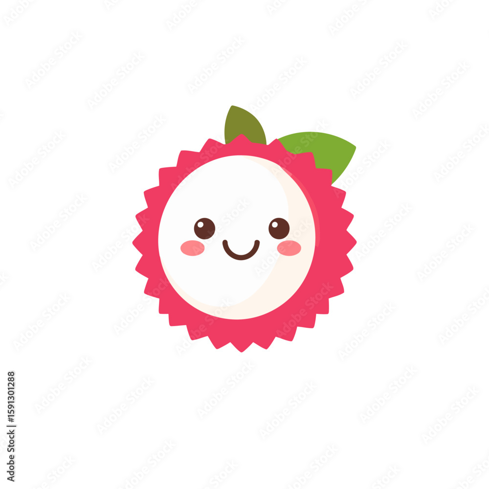 Obraz premium Adorable kawaii lychee fruit character with a spiky pink rind and a happy smiling face.