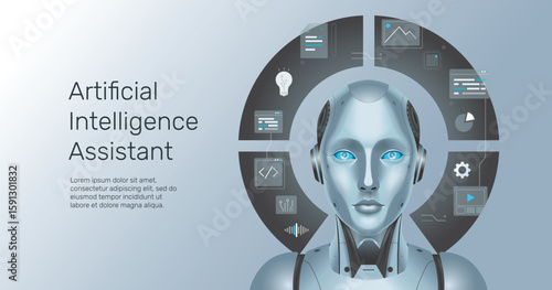 AI Assistant with Cyborg Woman Head, Cyborg Woman Vector Illustration, Agentic AI Workflow, AI Driven Automation Technology, Futuristic Technology Concept.