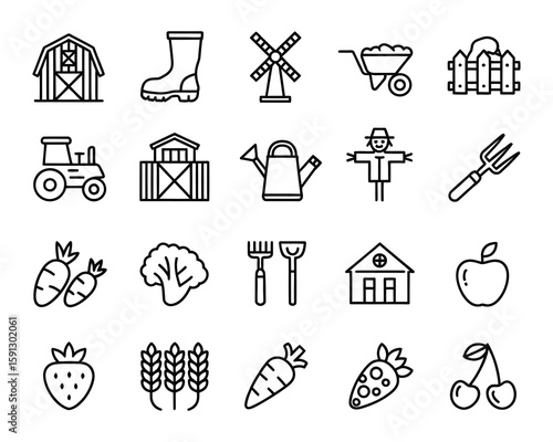 Farming Vector Icon Set  Agriculture, Barn, Tractor, Gardening, Fruits, Vegetables, Harvest, Farm Tools, Crops Adjustable Line Weight