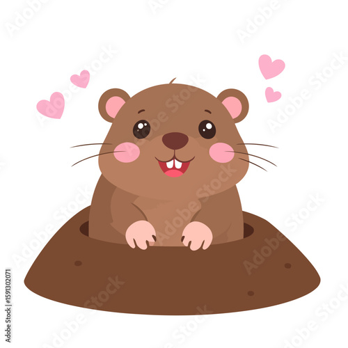 Cute cartoon groundhog with rosy cheeks and hearts, smiling happily while peeking out of its burrow.