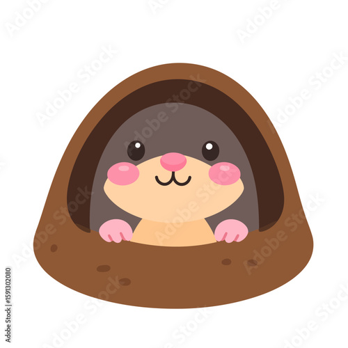 Charming cartoon mole with pink paws and rosy cheeks peeking from its brown earthen burrow.