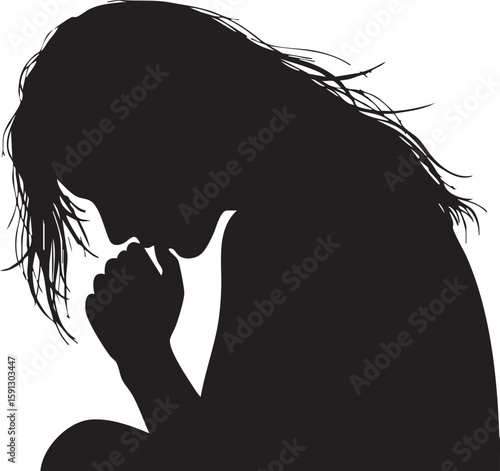 Vector art of silhouette of a woman deep in thought, isolated on white isolated on transparent background