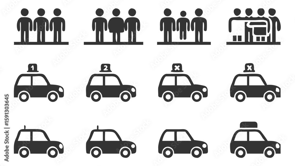 Naklejka premium Collection of Silhouette Icons Representing People, Luggage Handling, and Various Car Design with Car Top Components
