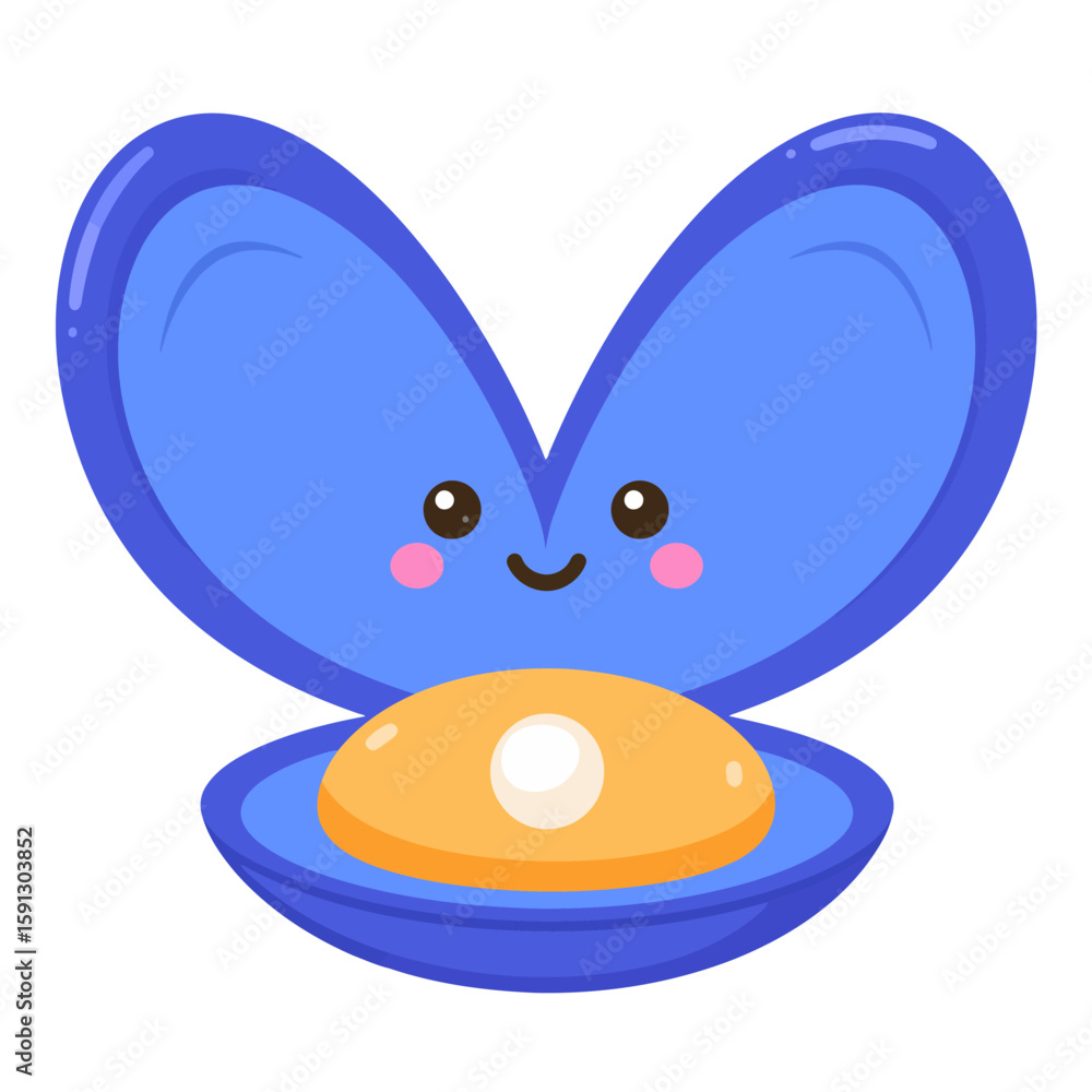 Obraz premium Cute blue mussel character with a smiling kawaii face and a precious white pearl inside its open shell.