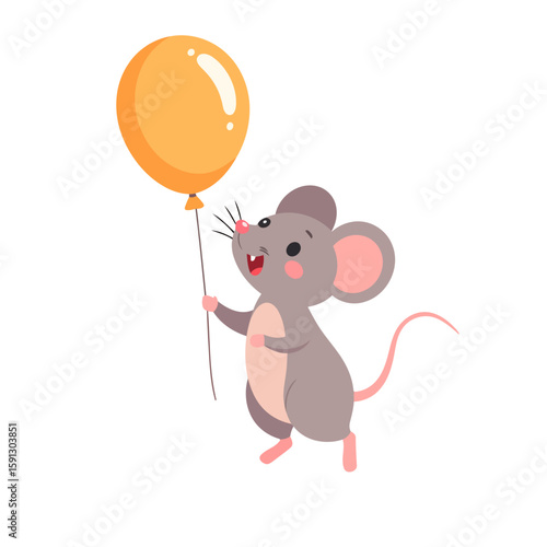 Joyful gray cartoon mouse with pink ears happily holding a shiny yellow balloon and looking up.